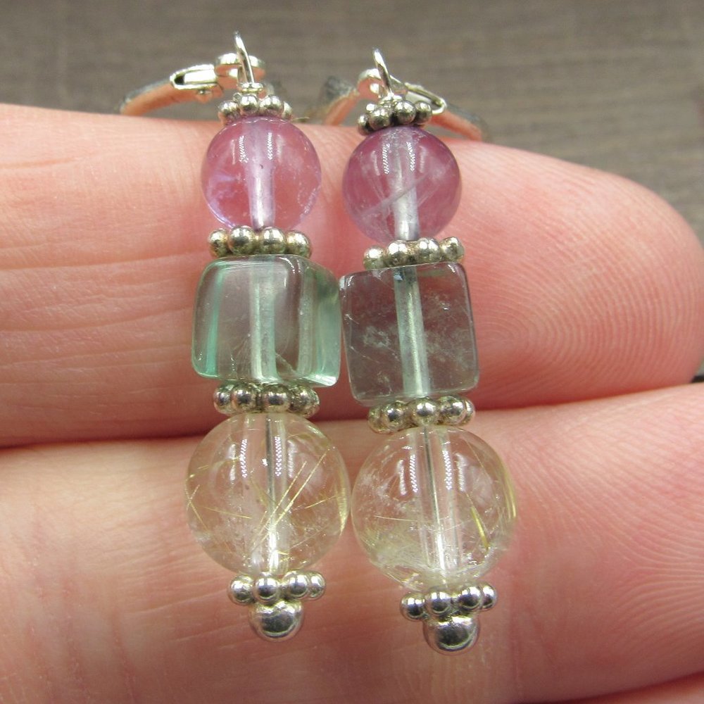 Sterling Quartz Jadeite Amethyst Stone Earrings - Picture 1 of 6